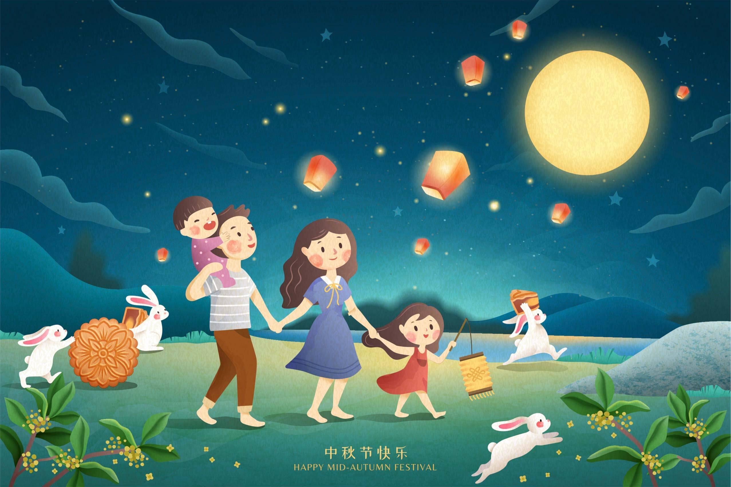 illustration d'une famille qui se balade sous la pleine lune